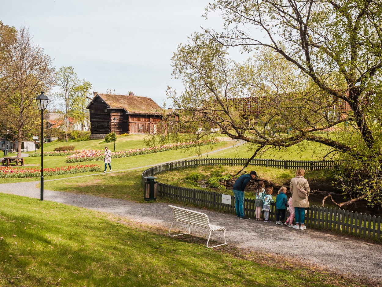 Park med människor och gamla byggnader